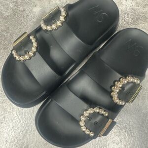 Stuart Weitzman Black Sandals with Pearl Accents